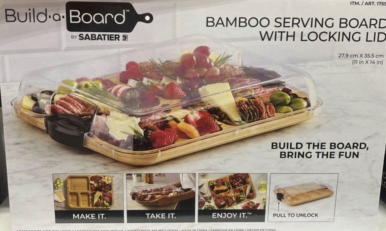 Sabatier Bamboo Serving Board with Locking Lid – 11x14 for Cheese & Charcuterie