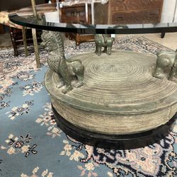 Antique Coffee Table, Bronze Patina Foo Dog 