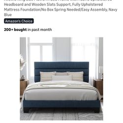 King Upholstered Bed Frame, Navy Blue, Wooden Slats