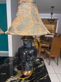 Pair of Vintage Verdigris & Brass Urn Table Lamps w/ Damask Shades