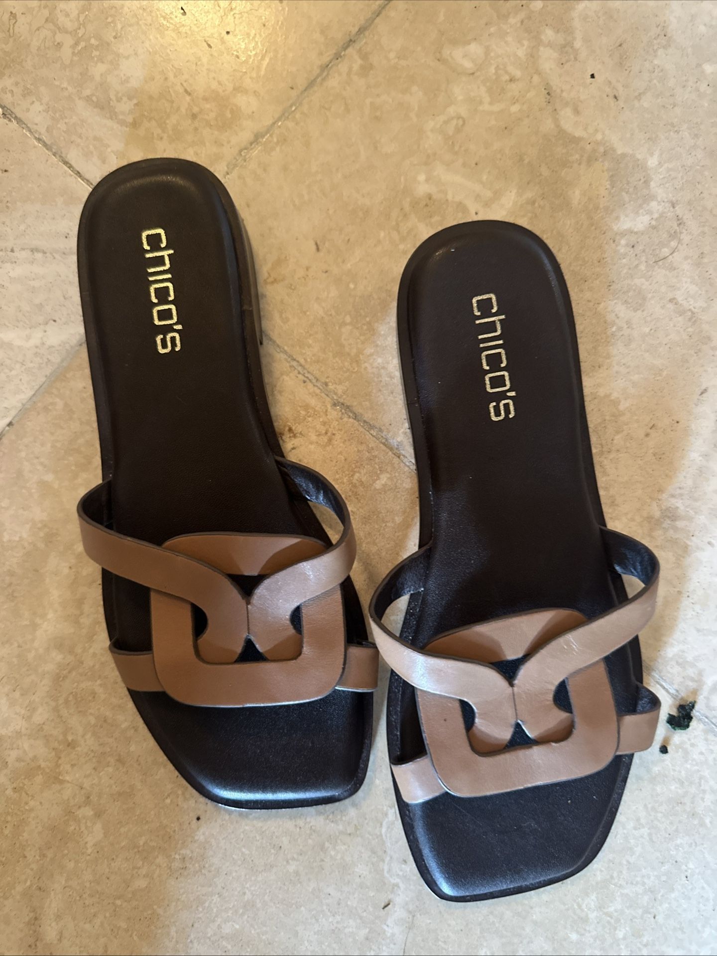 Chico’s Brown & Black Chain Link Square Toe Slide Sandals
