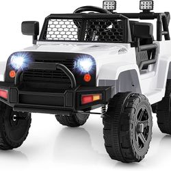 12V Remote Control Ride-On Truck with Spring Suspension, Headlights, Music, Mesh Windshield, Electric Cars for Kids, Gift for Boys and Girls Ages 3+ (
