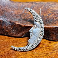 Vintage Sterling Silver and Marcasite Man in the Moon Brooch