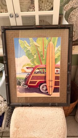 17 1/2 in x 21 1/2 longboard woodie surfboard n Woodie pic w faux bamboo frame