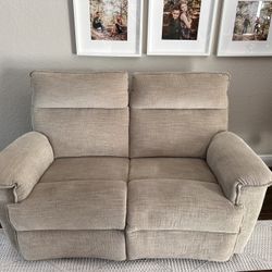 La-z-boy Reclining Loveseat- 64" Across Neutral Green Fabric- Excellent Condition 