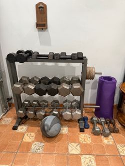 Home Gym Set: Iron Dumbbells 5-50 lb, Rack, Adjustable Bench, Plates