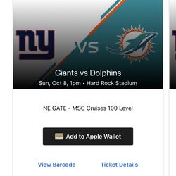 Dolphins v. Giants 10/8 Sec 132 Row 15 Aisle