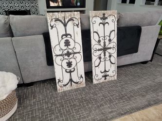 Wood And Metal Wall Decor. White Wood With Black Metal Accent.