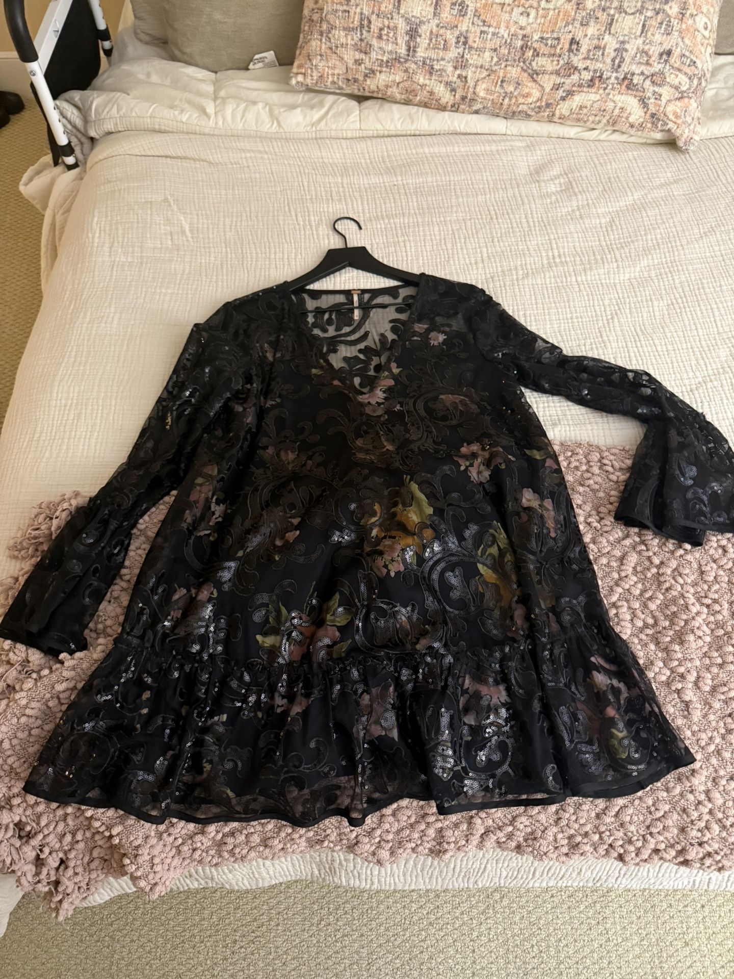 Free People Flowy Elegant Black Sequined Floral Dress