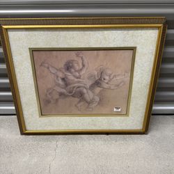 framed artwork depicts two putti, or cherubic children, rendered in a Baroque-inspired style, likely a 19th-century French piece TAKING OFFERS AT THE 