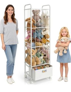 Metal Stuff Animals Zoo Holder with Fabric Drawer & Wheels, Toy Organizer, Stuffed Animal Storage