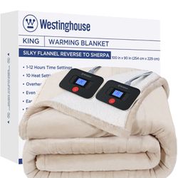 Westinghouse Electric Blanket Heated Blanket | 10 Heating Levels & 1 to 12 Hours Heating Time Settings | Flannel to Sherpa Reversible 90x100 King Size