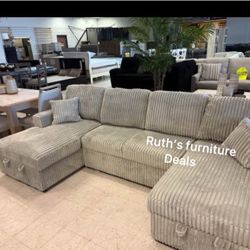 3-pc Convertible Sectional Sofa Sleeper Grey Corduroy 