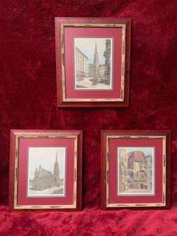 Lot of 3 Vintage Paul Geissler Hand-Colored Etchings Vienna Austria Framed Set