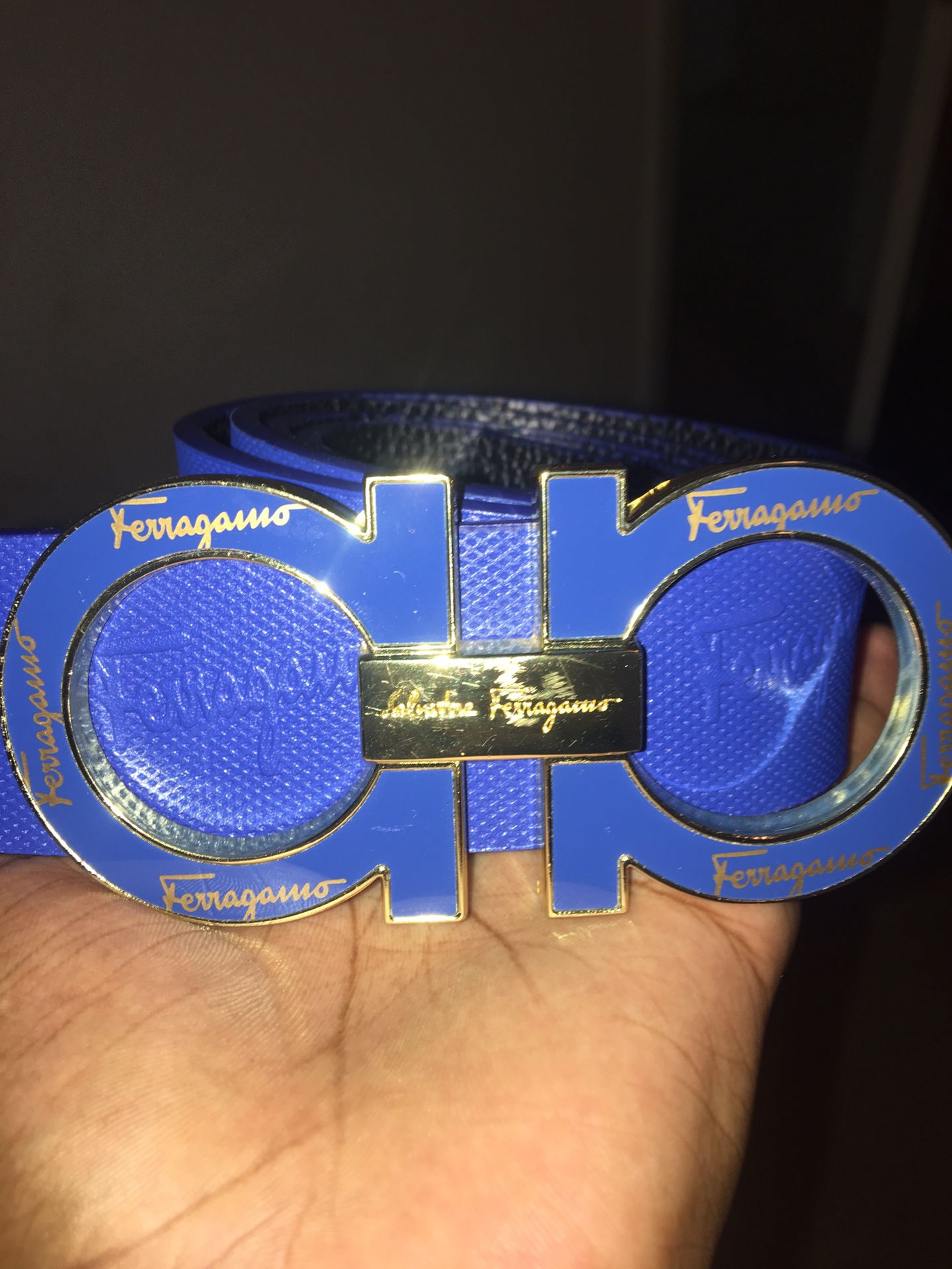 Dáoughpe Boutique on X: MCM: Logo Belt in Blue, Ferragamo: Oversized  Double Gancio in Blue with Gold Buckle