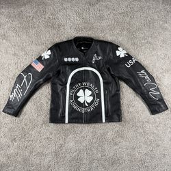 Filthy Wealth Administration Mens Black Leather Biker Racing Jacket Size Medium Streetwear Atlanta