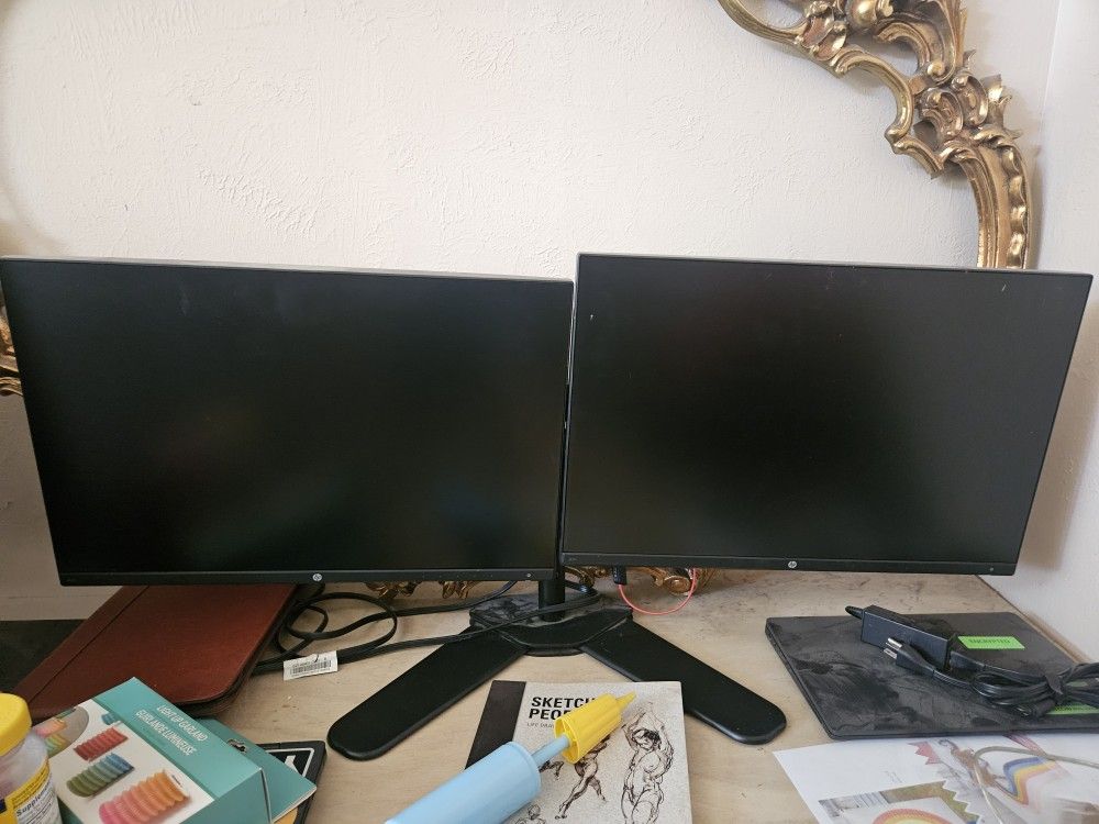 Two 24 Inch HP Monitors and Stand