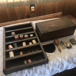 Old sewing thread holders and box
