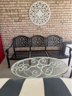 Outdoor Patio Loveseat & Glass Coffee Table Set – Excellent Condition
