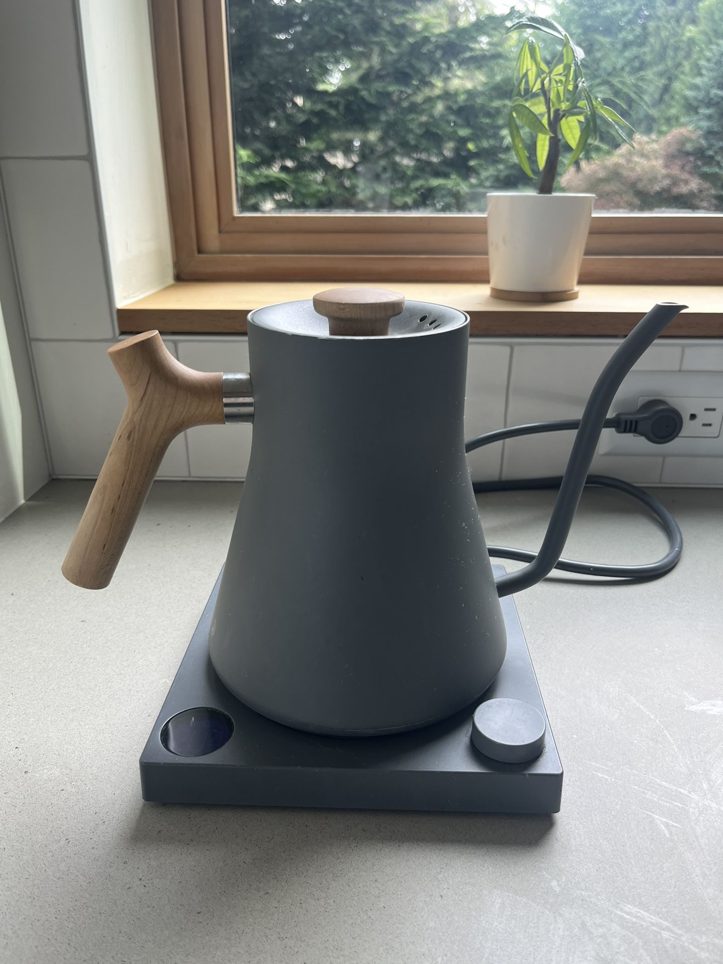 Fellow Stagg EKG Electric Kettle, matte gray with walnut wood handle