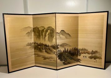 Vintage Japanese 4-Panel Byobu Folding Screen Hand Painted on Silk 66" x 36"
