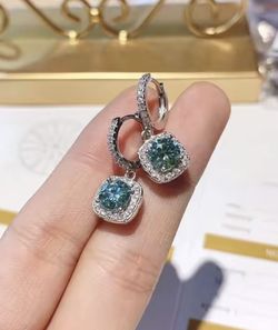 Sterling Silver 1CT Blue Green Moissanite Dangle Earrings 14K White Gold