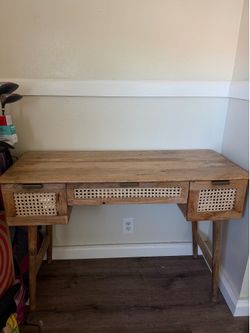 Boho Rattan Desk with 3 Storage Drawers