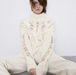 Zara open cable knit sweater turtleneck cream womens long sleeve NWT NEW