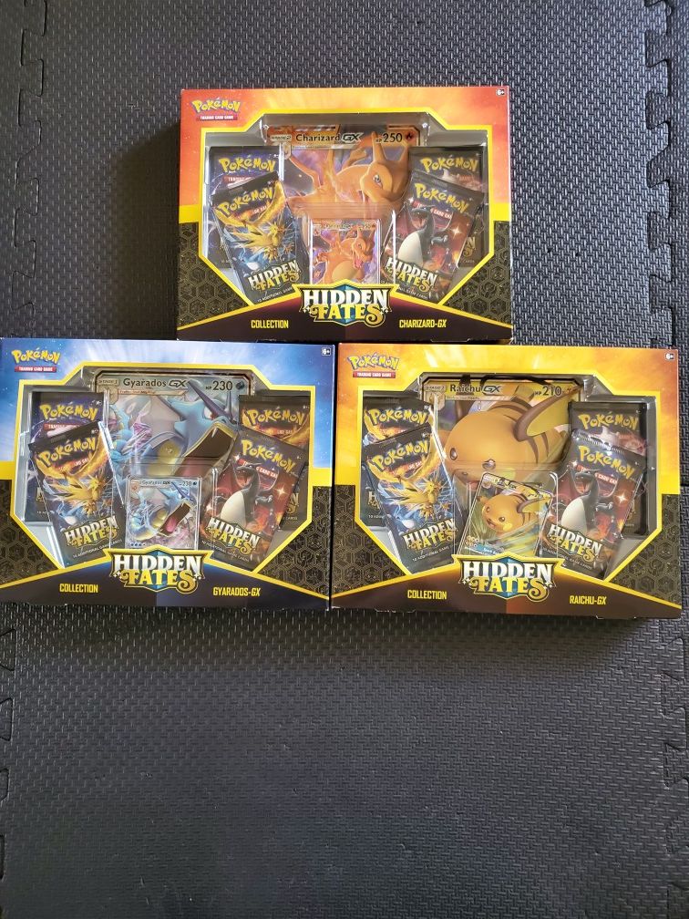 Pokemon Hidden Fates Charizard, Gyarados, Raichu GX Trading Card Game Box Set Bundle