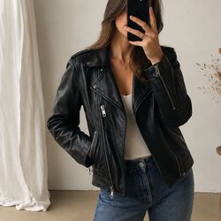 Zara Black Leather Moto Jacket – Size Medium