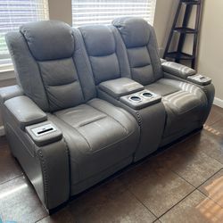 The Man-Den Triple Power Leather Reclining Loveseat with Console