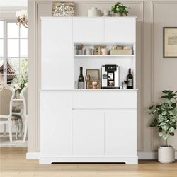 White 71'' Kitchen Pantry Cabinet with Hutch