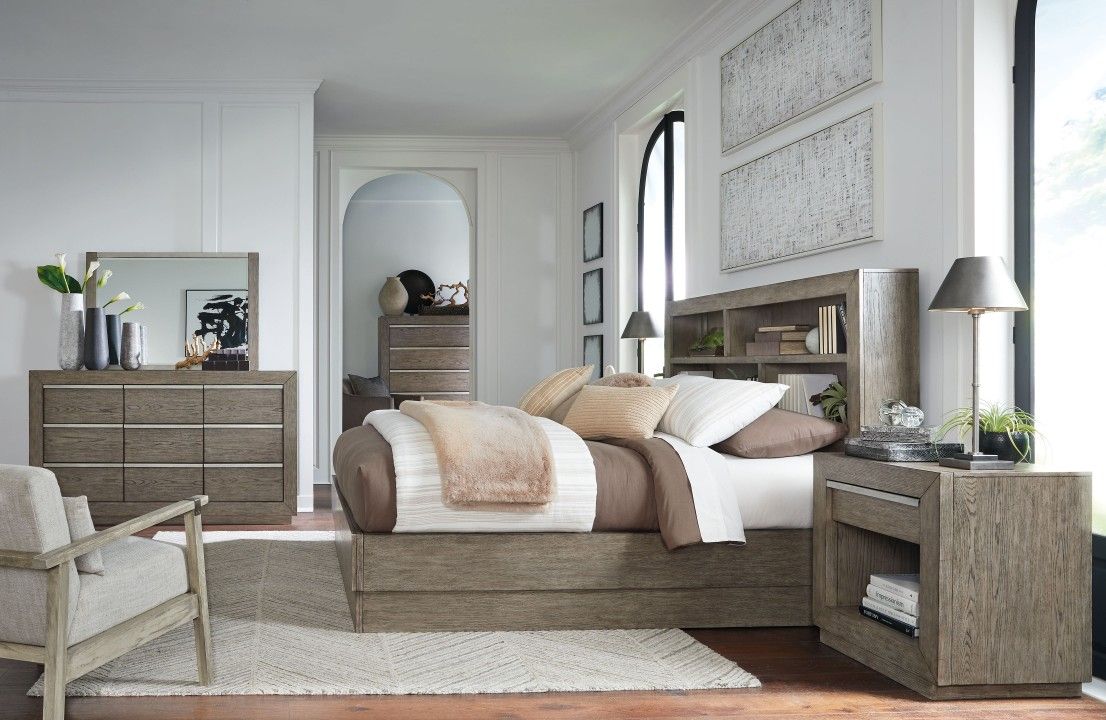 Gray 7Pc.Dresser Mirror Chest Queen Bookcase Bed