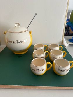 Antique Tom & Jerry Ceramic Punch Bowl Set with 6 Mugs