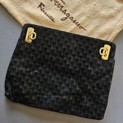 Vintage 1980s Salvatore Ferragamo Monogramed Suede Clutch Bag-Italy