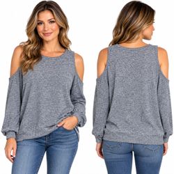 Rue 21 Gray Cold Shoulder Top Long Sleeve Size Large