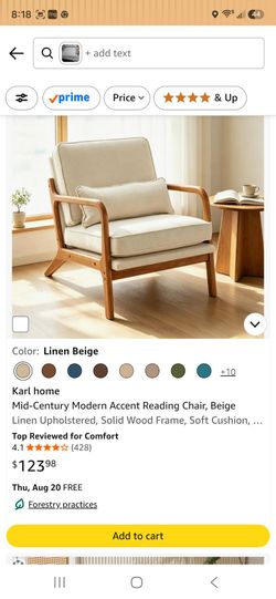 Karl home Mid-Century Lounge Accent Chair, Beige
Wide Curved Armrest, Linen Fabric, Lumbar Pillow Included, Solid Wood Frame, For Living Room, Bedroom