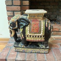 Vintage Concrete Elephant Porcelain Heavy Bench Seat 19 in Plant Stand Garden Stool Yard Art Ethnic Decor Jungle Tribal Decor