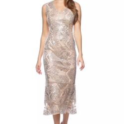 David’s Bridal Marina V-Neck Sleeveless Sequin Midi Dress in Champagne- NEW, NEVER BEEN WORN!