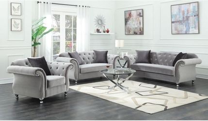 Brand New 2 Piece Silver Tufted Sofa and Love Seat