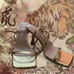 Gold metallic snake print strappy sandals with heel