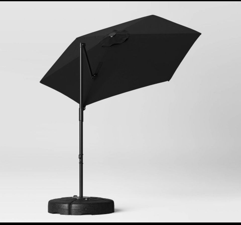 New Other Room Essentials 7.5' Round Offset Outdoor Patio Cantilever 360° Rotate Umbrella, With Base & Push-Up Lift, Black