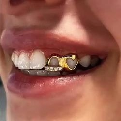 Gold Heart Tooth Grillz with CZ Stones