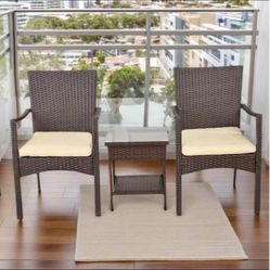 3-Piece PE Wicker Outdoor Patio Furniture Set with Removable Washable Cushions and Glass Table