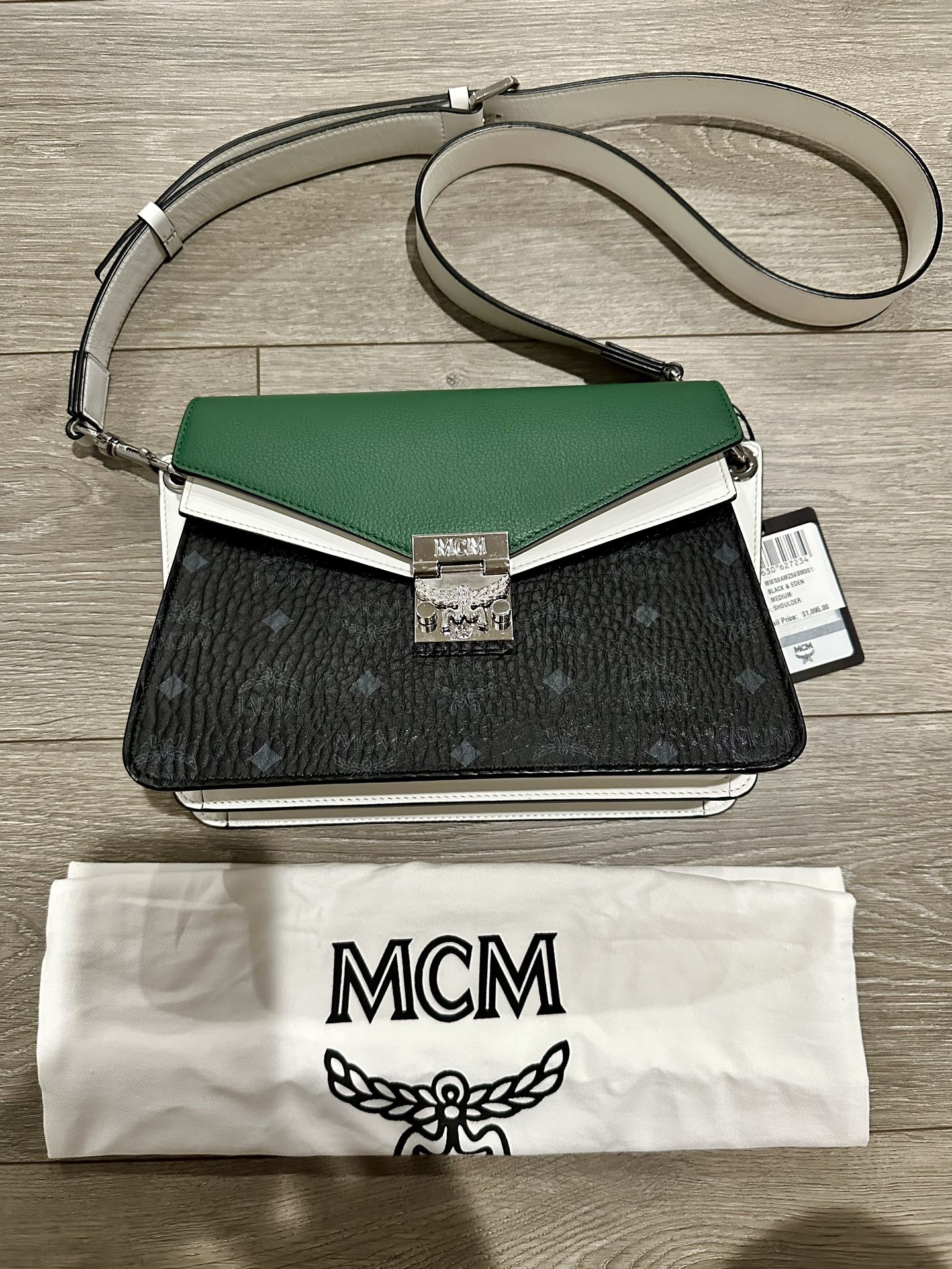 MCM Mezzanin Visetos Colorblock Black & Eden (Green) White Leather Medium Crossbody Bag