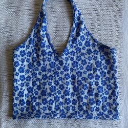 Forever 21 Stretchy Ribbed Cropped Halter Top Hibiscus Floral Size M/L