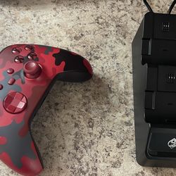 Red Camo Xbox Controller With Battery Pack And Charger 