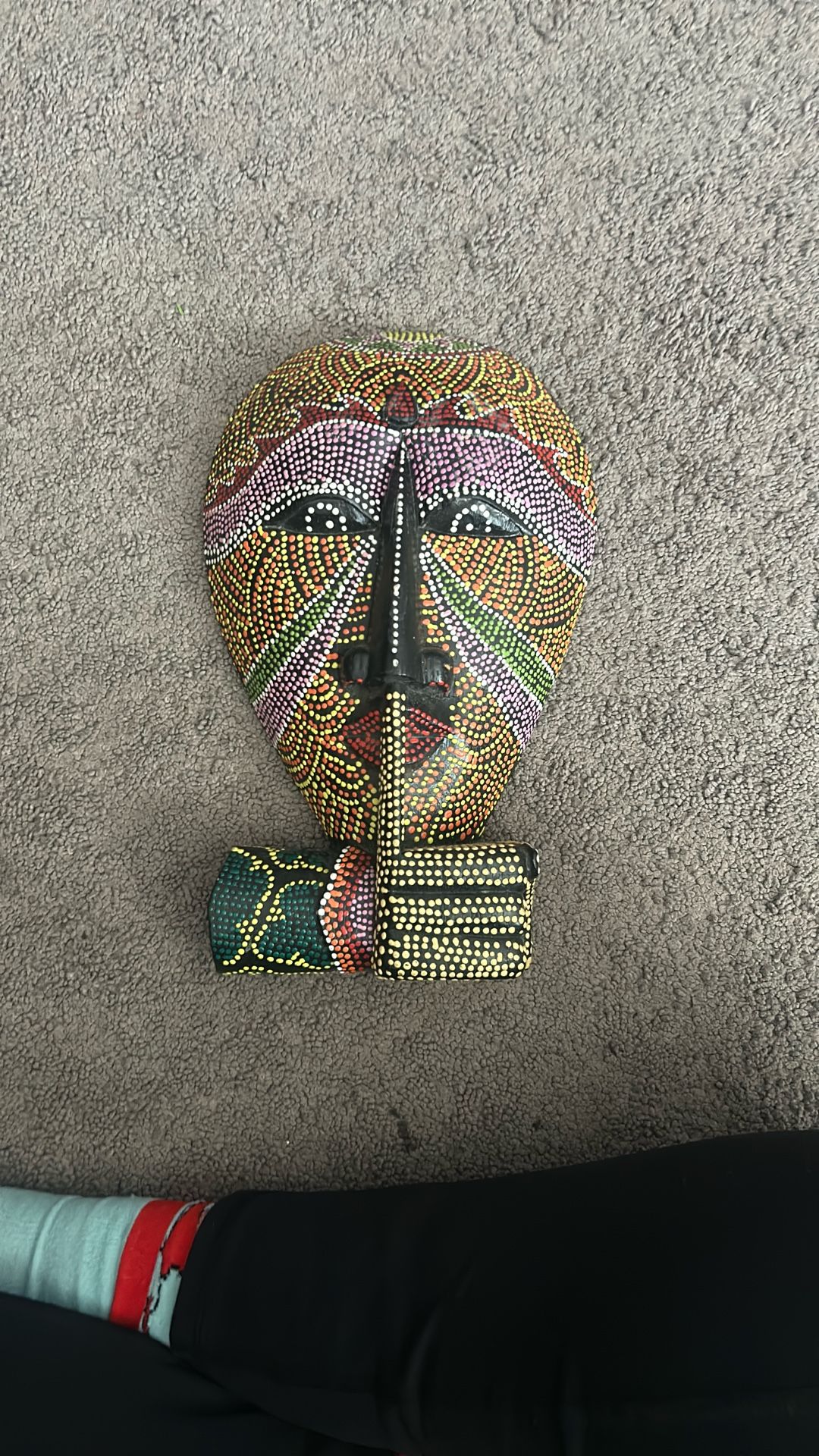 Hand Painted 11 1/2" Indonesian Wooden Face Dot Painted Wall Hanging Decor