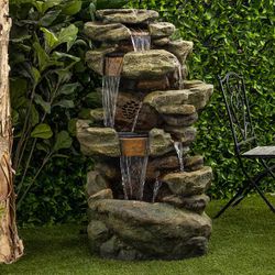*SALE* Alpine Corporation 51 in. Tall Outdoor Rainforest Floor Tiered Fountain with LED Lights and Bluetooth Speaker