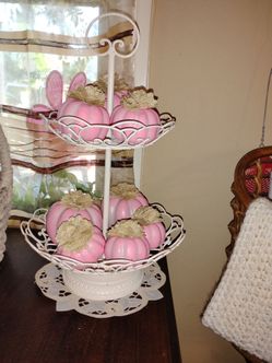 Two-Tier White Metal Stand with Pink Pumpkins